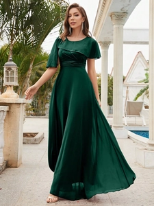 Abito da sera elegante verde scuro con maniche corte a volant e design a vita alta