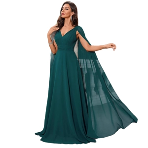 Elegant emerald green V-neck evening gown with chic cape sleeves and pleated waistline