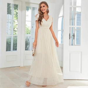 Elegant white lace V-neck bridesmaid dress with tulle skirt and shoulder bows