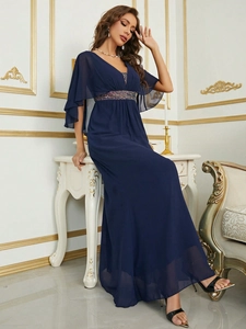 Elegant navy blue V-neck chiffon gown with flutter sleeves and sequin waist belt details