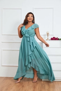 Detail of teal chiffon plus size dress showing V-neckline and tiered ruffle sleeves