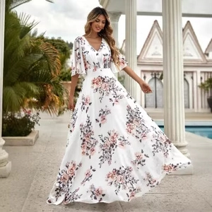 Women's Floral Print Maxi Dress Elegant V-Neck Flutter Sleeve Summer Vacation Evening Gown Long Sundress