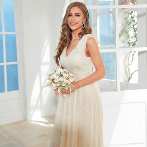 Elegant off-white lace bridesmaid dress with V-neck and ruffled straps for formal parties