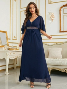 Elegant navy blue V-neck chiffon maxi dress with sequin waist belt and ruffle sleeves