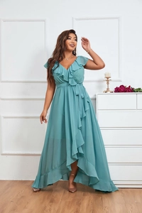 Detail of elegant V-neck chiffon dress with ruffle cuffs and a stylish high-low hemline