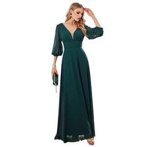 Elegant deep green chiffon evening gown with V-neck, high waist, and long lantern sleeves