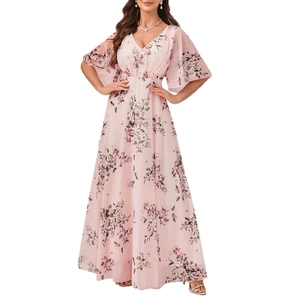Elegant light pink floral maxi dress with V-neckline and ruffled butterfly sleeves
