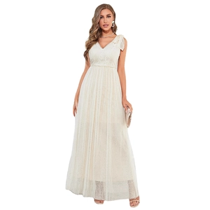 Elegant off-white V-neck bridesmaid dress with lace embroidery and layered tulle skirt