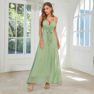 Women Elegant V-Neck Spaghetti Strap Chiffon Maxi Dress High Waist Bow Tie Party Evening Wedding Guest Dress With Split