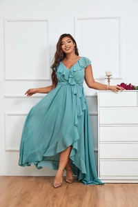 Detail of teal chiffon high-low dress with ruffled V-neck and drawstring waist