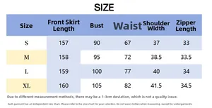 Detailed size chart for summer evening dress with measurements for bust and waist