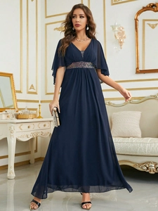 Elegant navy blue V-neck evening gown with chiffon butterfly sleeves and sequined waist