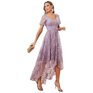 Elegant light purple lace V-neck dress with floral embroidery and high-low hemline