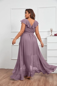 Detail of plus size purple chiffon dress featuring ruffle sleeves and a deep V-neck back