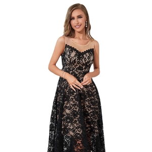 Elegant black lace evening gown with illusion neckline and beige lining for formal events