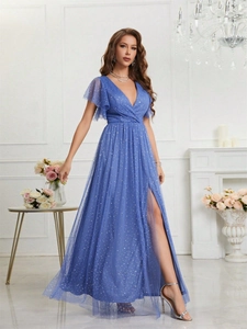 Elegant navy blue V-neck mesh evening gown with shimmering sequins and high side slit