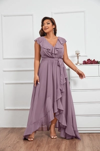 Elegant mauve chiffon maxi dress featuring layered ruffles and asymmetrical hemline detail