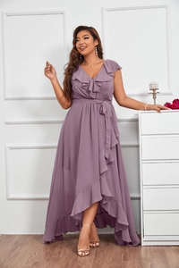 Elegant lavender V-neck chiffon dress featuring ruffled layers and a high-low hemline detail