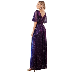 Elegant purple sequined evening gown with V-neck, ruffle sleeves and open back design