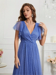 Elegant blue sequin mesh evening dress with deep V-neck and layered ruffle sleeves