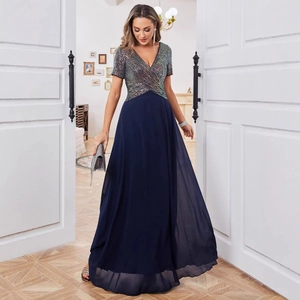 Robe du Soir Élégante avec Patchwork de Paillettes Col en V Manches Courtes Taille Haute Longueur Maxi Mariage Femme