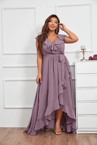Detail of mauve chiffon dress featuring ruffle V-neck and high-low hemline design