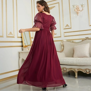 Elegant burgundy lace embroidered evening dress with layered sleeves and chiffon skirt