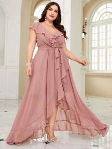 Detail of high-low chiffon maxi dress with V-neck and ruffled layers in dusty pink
