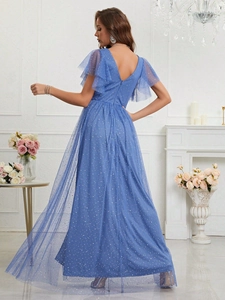 Navy blue sequin evening dress with ruffled sleeves and V-back for summer parties