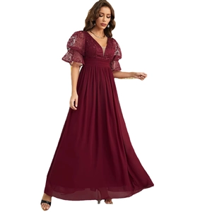 Elegant deep wine red V-neck evening dress with lace short sleeves and chiffon long skirt