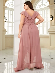 Detail view of dusty rose chiffon evening gown with V-neck back and ruffled sleeves