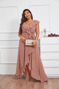 Detail of elegant plus size V-neck high-low chiffon evening dress in dusty rose color