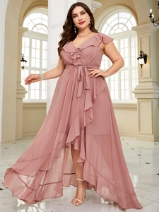 Detailed view of Morandi pink V-neck chiffon evening dress with ruffled high-low hemline