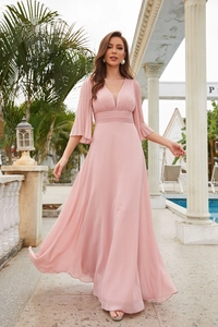 Detail of elegant V-neck pink chiffon long dress with pleated sleeves and empire waistline