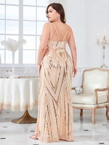 Champagne gold sequin evening gown with thin straps and a geometric V-pattern