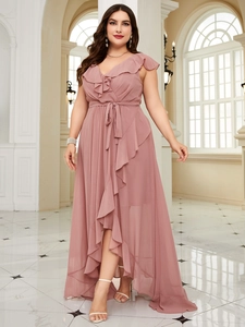 Detail of V-neck lace trim and waist tie on an elegant mauve chiffon party maxi dress
