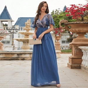 Women Elegant Lace Chiffon V-Neck Evening Dress Blue Short Sleeve High Waist Patchwork Formal Maxi Gown Party Banquet Dress
