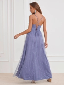 Detailed view of lavender lace-up back design and tulle skirt with sequins