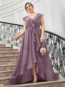 Detail of mauve chiffon V-neck dress with ruffle trim and adjustable waist tie belt