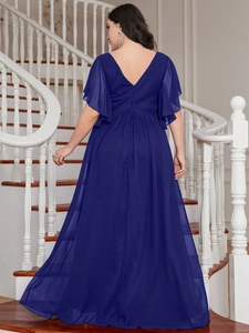 Detail of elegant V-neck backless navy blue sequined maxi dress with ruffled sleeves
