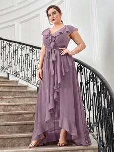 Detail of V-neck ruffle trim and asymmetrical chiffon hem on elegant purple evening gown
