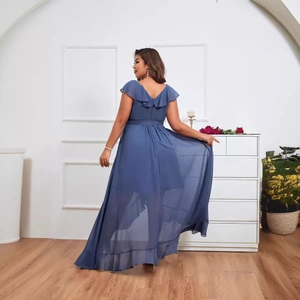 Elegant navy blue chiffon maxi evening dress with V-back and ruffle sleeves for women