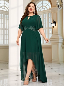 Detailed embroidery and hollow teardrop neckline on dark green chiffon evening gown