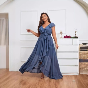 Elegant dusty blue V-neck chiffon maxi dress with ruffled edges and asymmetrical hemline