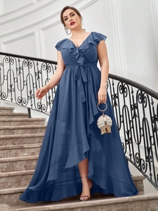 Detail of V-neck ruffled chiffon dress with tie waist and asymmetric hemline in blue