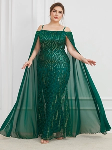 Detail of sequin embroidery and sheer chiffon cape on this dark green formal evening gown