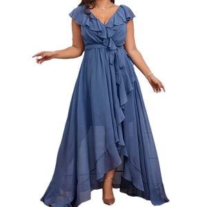 Elegant dusty blue chiffon evening dress with V-neck ruffles and high-low hemline