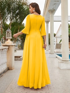 Elegant bright yellow chiffon maxi dress featuring pleated flare sleeves and open back design