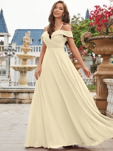 Elegant off-shoulder cream chiffon evening gown with pleated bodice and floor-length skirt