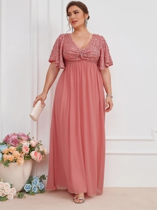 Detailed view of the sequined V-neck bodice and ruffled sleeves on this mauve chiffon gown